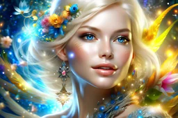 Highly detailed sharp whole body and head 32K, enlighten gorgeus portrait well focused, mega beautiful happy smiling elegant cosmic woman beautiful blond hair, big blue eyes, with white shining stunding body, silk glowing wings, gemstones jewels glitters, magic spring flowers and glittering roses, sun, sunny sky, stars, glitters, hyper ultra realistic, intricate, rossdraws, tom bagshaw, greg rutkowski, global illumination, radiant light, bright sky environment, intricate details