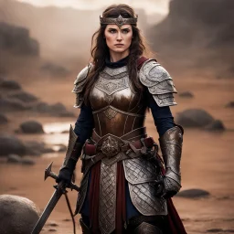 this “Conan Medieval Heroine photo” evokes noble valor and ancestral legacy, she stands covered by blood and mud in a detailed ornate armor, warm hues, and dynamic composition.