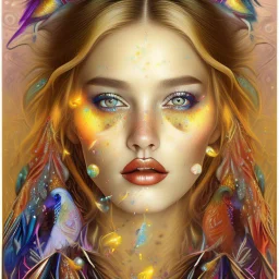 #Leonardai Starling , photorealistic ,pop surreal , lowbrow art ,enchanting portrait of a beautiful mature woman,representing a starling , feathers in her hair ,black and vibrant colors , sweet , magical , cosy warm light , whimsical, alluring , dazzling ,, expressive