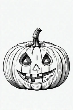 Outline art for coloring page, a full and perfectly centered image, of a beautiful pumpkin with a face and decorations, thin black lines and large white blanks, white background