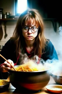 Angry Harry Potter use pot with chinese noodles stay behind the Hermione Granger