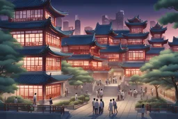 a vivid and highly detailed 16k resolution illustration of a vocational night school in a Chinese city metropolis for adult Chinese professionals learning new skills