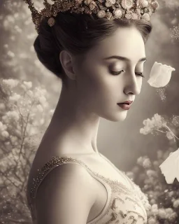 vintage photo of beautiful, stunning ballerina with white feather crown wrapped around head, glittery bodice, close-up profile portrait, sepia, background of flowers, gauzy white curtains, candles, dreamlike, sepia photography, centered, 8k resolution, high-quality, fine-detail, intricate, detailed matte, volumetric lighting, photo-realistic, candles, translucent gown, illustration, 3D octane render, brian froud, howard lyon, selina french, anna dittmann, annie stokes, lisa parker, greg rutowski