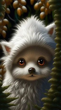 White baby poppy wearing Hiding In Fluffy Thick Pine Branches, Full-Back Hood Fur, Mother Of Pearl, Caricature, Realism, Beautiful, Delicate Shades, Sweetness, Lights, Intricate, CGI, Art Botanical, Animal Art, Art Decor, Realism, 4k, Detailed Drawing, Depth Of Field, Digital Painting, Computer Graphics, Raw Foto, HDR