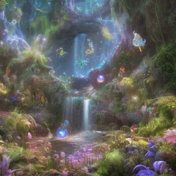 magical blu castel, bioluminsescent plants, 8k resolution, dynamic lighting, ultra hyperdetailed, waterfalls, ultra colourful flovers and butterflys,, very small details, realistic.