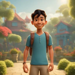 a portrait of smiling young man. indonesian. carricature. black hair. short hair. tanned skin. black eye pupils. diamond face shape. a bit small goatee, without moustache. semi formal dress. pixar style. 3D. 4k. portrait. highly detailed. sharp focus. high resolution. full color. cinema lighting