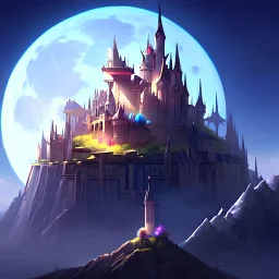 castle on top of mountain, fantasy, moon