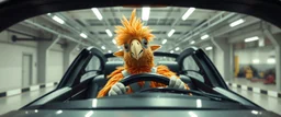 car driving happy 2d fluffy elf parrot rapper in the style of Escher and Giger and Fallout 4, pinhole cam, airbrush 3d rendering, on tv screen:A five-second cinematic single take in a clean industrial presentation hall.