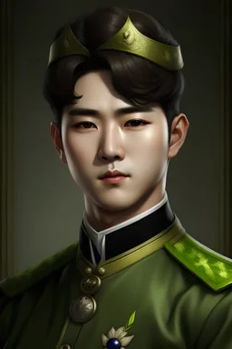 A white-skinned Korean manho person with brown hair and green eyes, wearing a royal uniform