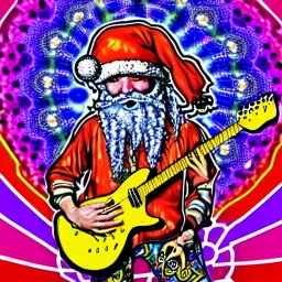 TRIPPY, ACID, LSD, WOODSTOCK, hippie Santa playing electric guitar, psychedelic, peace sign, MUSHROOMS, dreadlocks