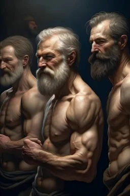 Jacopo Bassano 4K realistic high-detail photography of a full body group of handsome muscular gym bearded naked British guys, philosophic and trascendent, cosmic infinite influence, charles leickert, henry luyten, and walter leistikow impressionism paintings