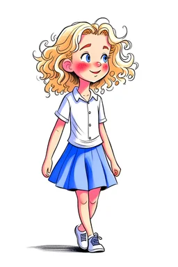 a little girl named josie wearing white tshirt blue skirt [walking ], full body, drawing a face in maximum quality, high-quality drawing of the face, character sheet, illustration for book, children's book, curly hair, blond hair, clipart,