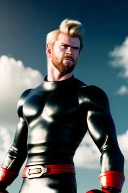 retro portrait image from 1960, sky background, wind, extra long blonde hair, fighting stance, young Chris Hemsworth, clean shave face, black dress, classic long tight lycra black suit, big red cap, silver latex with scales on the arms, gold bracelet and belt, high boots, soft color, highly detailed, unreal engine 5, ray tracing, RTX, lumen lighting, ultra detail, volumetric lighting, 3d, finely drawn, high definition, high resolution.