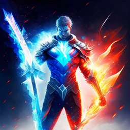 A superhero man with infinite power and technology from the galactic race, with a double-edged sword of fire and ice.