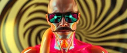 hot dog caravan magic, blissfull genious, ultra chromatic, cyber jobe, flying yoga magic , lawn mover man movie character, portrait of upper body of cool transparent guy made with nano tape and with shades and mustache and bald head, saw blade beholder eye tyrant flating beholder kin with eyes on each saw blade tooth saying something profound, hypnotic zebra twirl background, with chrome reflections, like he is floating in a giger cartoon