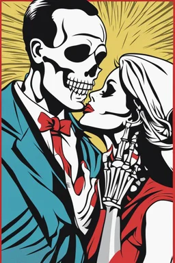 Funny Retro skeleton kiss woman valentine comic poster, in the style of Roy Lichtenstein