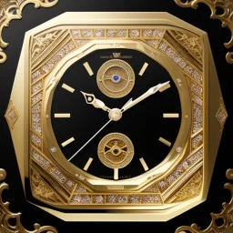 large crystal ornate square clock with a transparent body, wood and black and gold, transparent, rococo, Artstation, intricate and meticulously detailed 8 k, ornate and jewels, bokeh background