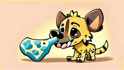 Cute chibi-style hyena dog, eating a big bone, cartoony, colorful, exaggerated, simplified, adorable