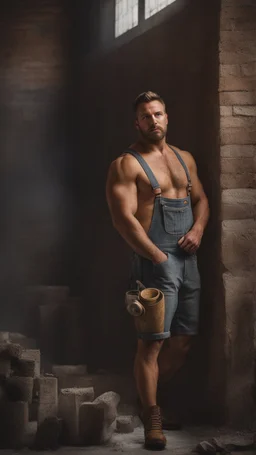 massive strong burly beefy italian bricklayer painter 33 years old, short hair, short blond beard, shirtless in bulging overalls, big shoulders, big calves, barefeet, photorealistic, side light, inside a dark building under construction