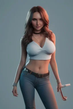  isometric clean art of woman Camilla Luddington, busty hitomi tanaka,siberian ranger clothes, soft lighting, soft pastel gradients, high definition, 3d icon clay render, blender 3d