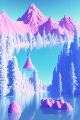  mountain topped with pink ice-cream, lake, trees, mystical, Neo-Dada,