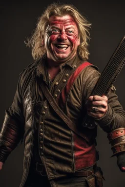 Mad-eye Moody with a chainsaw for a right arm wearing leather armor, looking eager and excited