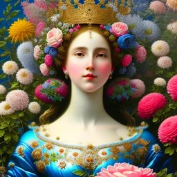 a close up of a statue of a woman surrounded by flowers, digital art, inspired by james christensen, rococo, photography alexey gurylev, crown of blue flowers, clothes made out of flower, agostino arrivabene, jean-sebastien rossbach, portrait of virgin mary, dressed in ornate, shaxi