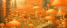 A light orange fairy kingdom filled with mushrooms painted by Georges Seurat