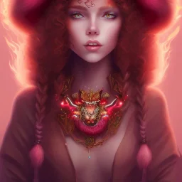 Fire witch, intimidating beauty, young, round face, pale blushing freckled skin, wild curly pink hair, red color eyes, wearing a pink witch hat, wearing a glowing pink and red crystal necklace