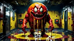 A gritty, full-body shot of an insanely detailed, demonic Pac-Man, who has turned into a caustic-yellow, bloody slime, coming at you down a macabre, claustrophobic hall, Dariusz Zawadzki art style, liminal spaces, horror art, bleeding dungeon background, wet, glossy, horror art, trypophobia, eerie, intricate details, HDR, beautifully shot, hyperrealistic, sharp focus, back lit, 64 megapixels, perfect composition, high contrast, cinematic, atmospheric, moody.