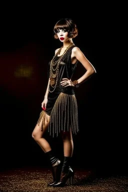 Full Body, slim burlesque Woman looking to the right, With A Bob With A Fringe Hairstyle, 1920s Clothing, Steampunk