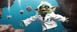 crazy fluffy gremlin scientist in lab coat cliff diving