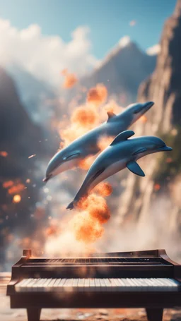 close up danger expression, mountains playing piano, dolphin police stunt man explosion and fall, smoke and blitz, bokeh like f/0.8, tilt-shift lens 8k, high detail, smooth render, down-light, unreal engine, prize winning