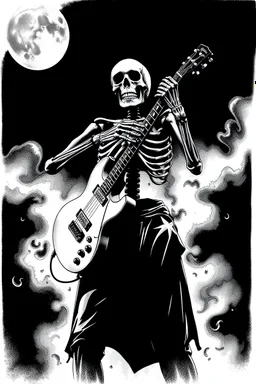 Black and White Graphic Art of a SKELETON EMBRACING HUGGING A GUITAR