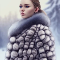 Woman in fur coat, ice, blue, forest, snow, beautiful, mountain, masterpiece, expert, 8K, hyperrealism, sharp focus, cinematic lighting