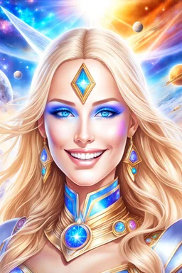 cosmic woman smile, admiral from the future, one fine whole face, crystalline skin, expressive blue eyes,rainbow, smiling lips, very nice smile, costume pleiadian, Beautiful tall woman pleiadian Galactic commander, ship, perfect datailed golden galactic suit, high rank, long blond hair, hand whit five perfect detailed finger, amazing big blue eyes, smilling mouth, high drfinition lips, cosmic happiness, bright colors, blue, pink, gold, jewels, realist, high commander,ufo rainbows