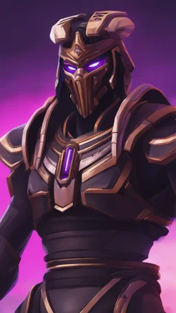 A close picture to Ramattra nemesis form egypt rob in overwatch art style with black color and neon purple details in the desert
