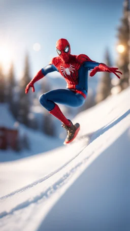 spider man jumping doing winter freestyle ski jump half pipe trick on snowboard, bokeh like f/0.8, tilt-shift lens 8k, high detail, smooth render, down-light, unreal engine, prize winning