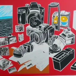 elements of photographic equipment. poster graphics. high detailed. acrylic painting and ink.