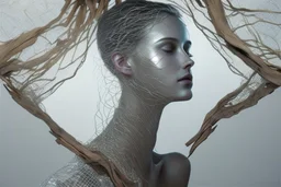 double exposure, merged layers, woman shaped silver wire mesh, real pearl and driftwood, contemplative gaze into the distance, dreamlike composition, front illuminated, silver glitters