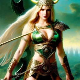 portrait 'beautiful Sexy Busty Blonde Sif',long hair,horned helmet, celtic tattoed,crystal clear green eyes,painting by gaston bussiere, greg rutkowski, yoji shinkawa, yoshitaka amano, tsutomu nihei, donato giancola, tim hildebrandt, oil on canvas, cinematic composition, extreme detail,fit full head inside picture,32k