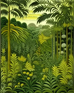 A grayish yellow jungle designed in ancient Greek mosaics painted by Henri Rousseau