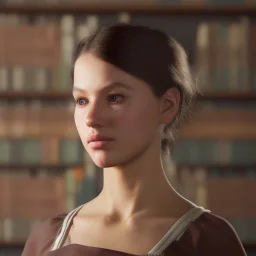 studying girl in library, ultra detail, curl hair, realistic photo, unreal engine, cinematic lighting --ar 1:1 creative