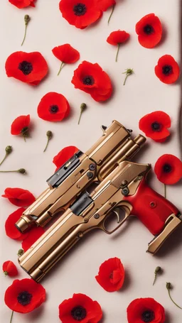 Two gold pistols and a red notebook on a white scarf. A bed of red poppies. Close-up from above.cinematic