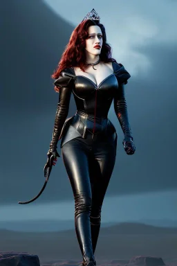 painting of kat dennings as evil queen in black leather pants, , leather, angry, stern look, volumetric lighting, particales,highly detailed,cinematic, deep colours,8, highly detailed, digital painting, artstation, concept art, smooth, sharp focus,