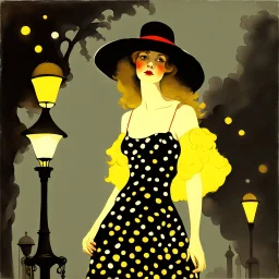 Whimsical and crazy painting of a full body young woman in a soft and dreamy style. The figure standing in the boulevard under a gas lamp shining a pale yellow light is shown in shades of gray and white, with red and yellow dots for emphasis. She wears a flowing black muslin dress and a black wide-brimmed hat, which gives her a graceful and elegant look. The background is abstract, with dull tones that blend together to create a misty atmosphere. Large, stylish red flowers frame the scene, with