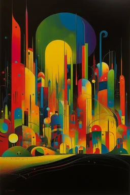 A dark yellow futuristic city with multicolored neon lights painted by Wassily Kandinsky