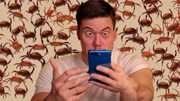 guy with creepy smirk watches censored videos on smartphone surrounded by tiny crabs