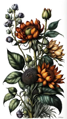 botanical pen and ink illustration, ultra realistic, award-winning: atmospheric: commanding: fantastical: clarity: 16k: ultra quality: striking: brilliance: stunning colors: masterfully crafted in the style of Albrecht Durer and Rogan Brown