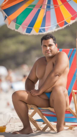 full figure shot photography of a serious ugly burly strong chubby marocan 35 years old, shirtless, sells colored pareos on a crowded beach, sitting on a beach chair, sunligh, photorealistic, 35mm lens, side light, ambient occlusion